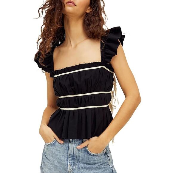 Sky to Moon Flutter Sleeve Smocked Babydoll Top Black Women's Size S Summer Cute - Picture 1 of 11